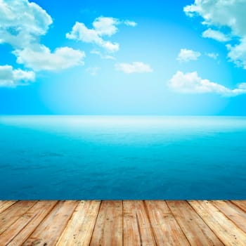 Summer background concept. Wooden floor and sea