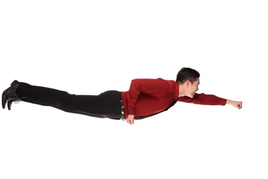 Business man flying posing isolated over white background