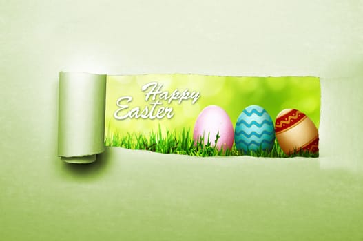 Paper tear with happy easter greeting inside it. Happy easter concept