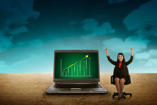 Business person looking giant laptop on the desert. Wireless concept