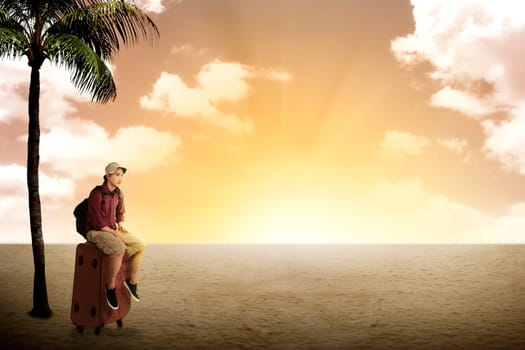 Young traveler waiting under coconut tree on the desert