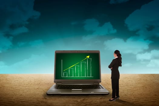 Business person looking giant laptop on the desert. Wireless concept