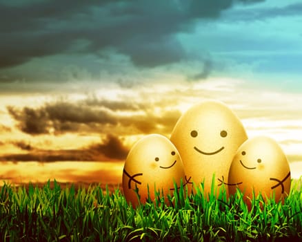 Three easter eggs with smile drawing put on the grass