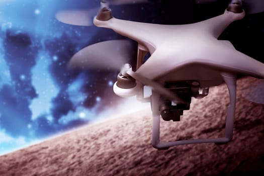 White small drone flying on the outer space