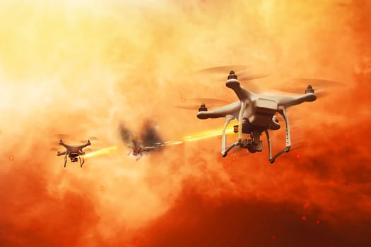 Drones battle over the sunset sky with fog