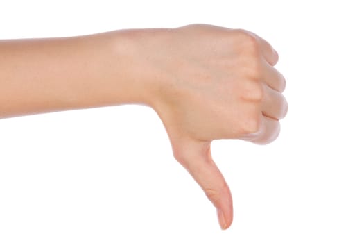 Girl hand showing thumb down failure hand sign gesture. Gestures and signs. Body language on white background