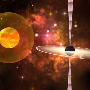 A black hole sends out streams of energy from its event horizon.
