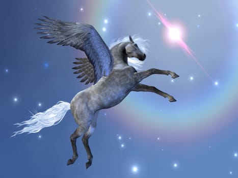 A beautiful silver grey Pegasus flies up into the starry sky.