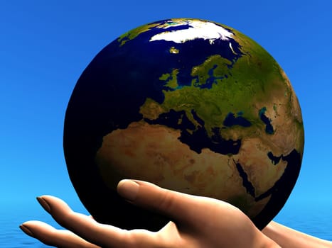 Human hands hold the world globe of Earth in a delicate embrace.