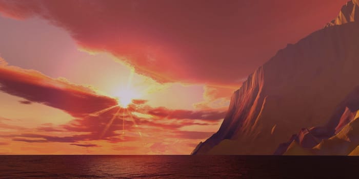 Mountains rise steeply from ocean waters that glow under a beautiful sunset.
