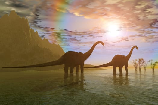 Two Diplodocus dinosaurs wade through a swampy area looking for vegetation to eat.