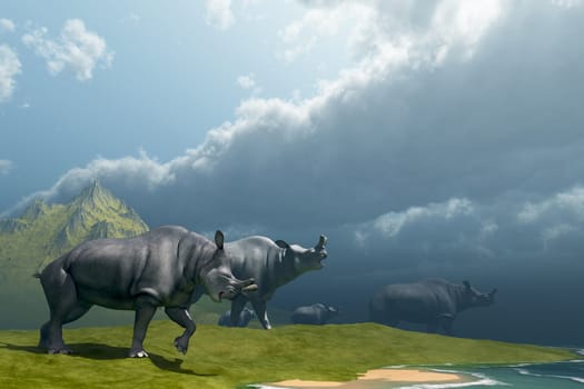 A herd of Brontotherium come down to a lake for a drink in the Early Oligocene Period.