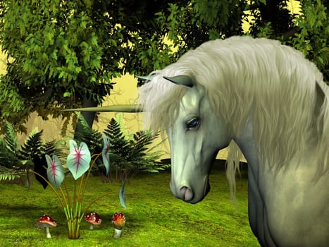 A golden colored unicorn rests and relaxes in a magic forest.