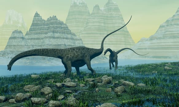 Two Diplodocus dinosaurs browse in a swampy area and keep each other company.