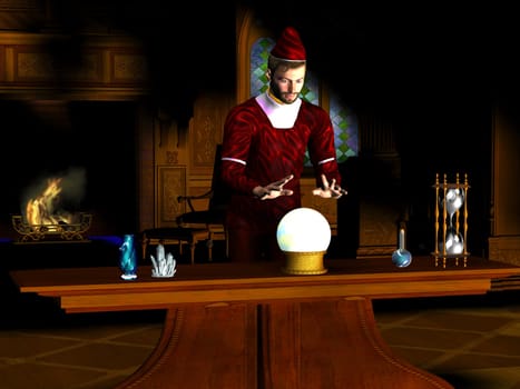 A wizard uses a crystal ball to find out what the future holds.