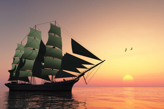 A tall ship sails on calm waters as the sun rises on a new day.