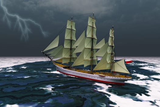 A tall ship braves stormy seas on its journey to another port.