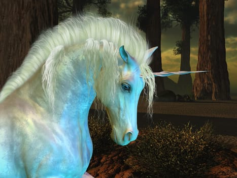 A magic unicorn's white coat glows at sunset in a redwood forest.