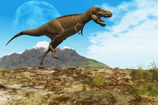 A Tyrannosaurus Rex dinosaur searches for prey in his territory.