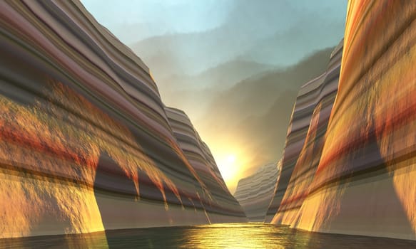 A river winds its way through a canyon corridor heading toward the ocean.