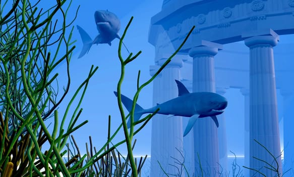 Two Mako sharks check out a submerged temple near a coral reef.