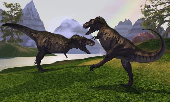 A major fight breaks out between two competing Tyrannosaurus Rex dinosaurs.