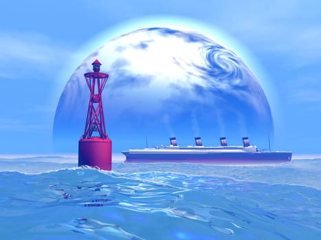 A large moon rises as the Titanic ship passes a red bouy on the open ocean.