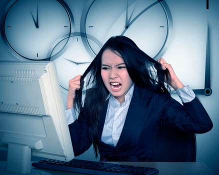 Asian business get angry because overtime work. Business overtime conceptual