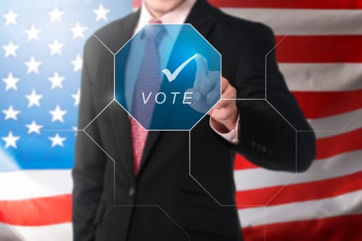 Businessman hand touch a vote button on virtual screen interface