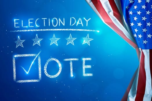 Election Day with V shape checklist sign for voting written on beside the USA flag