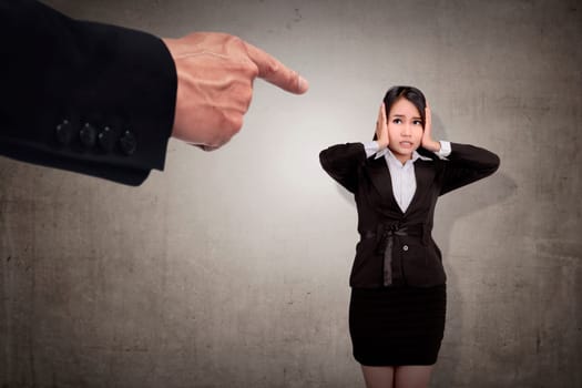 Concept of accused business woman with fingers pointing