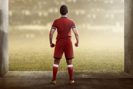 Back view of asian football player standing on hallway to the field