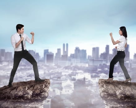 Business man and woman fighting. Working competition concept