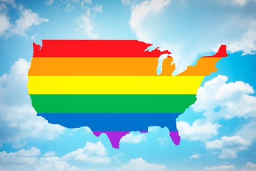 Rainbow flag on United states of america with blue sky background. Gay marriage is legal nationwide