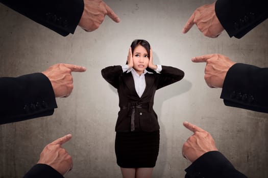 Concept of accused business woman with fingers pointing