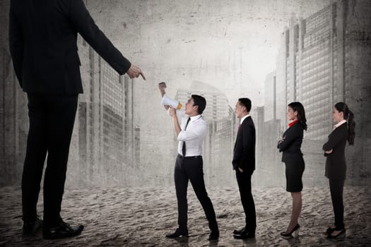 Business team protest to the boss using megaphone. Business communication concept