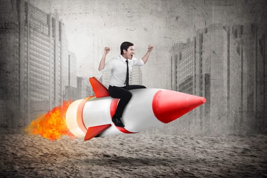 Asian business man riding rocket. Business achievement concept