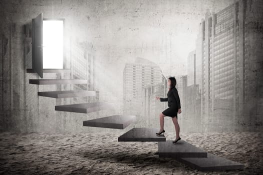 Asian business woman step up the stair. Business promotion concept