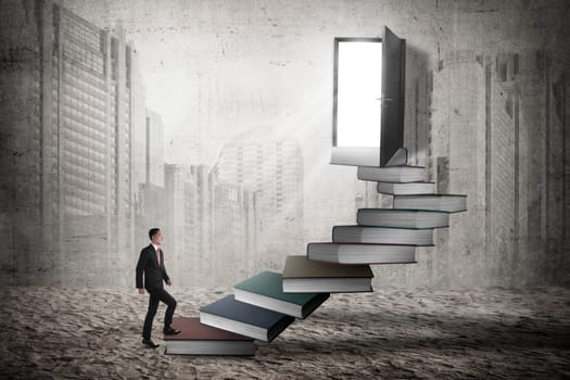 Asian business man step up the stair. Business promotion concept