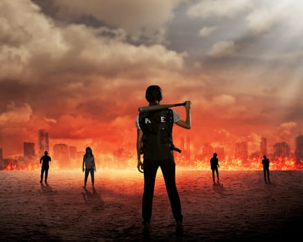 Back view of police woman ready to fight zombie on burn city