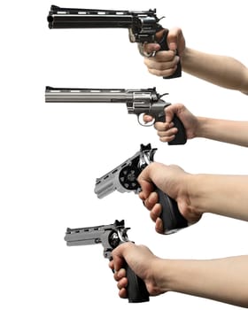 Collection of man hand holding gun isolated over white background
