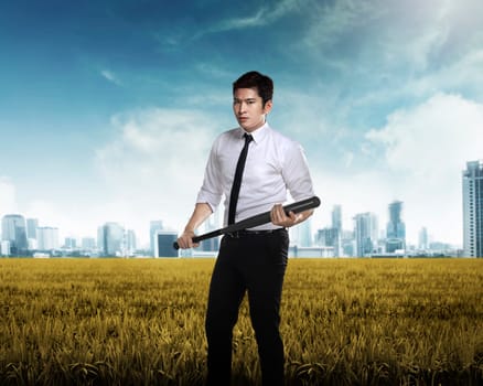 Asian man in white shirt and tie holding baseball bat