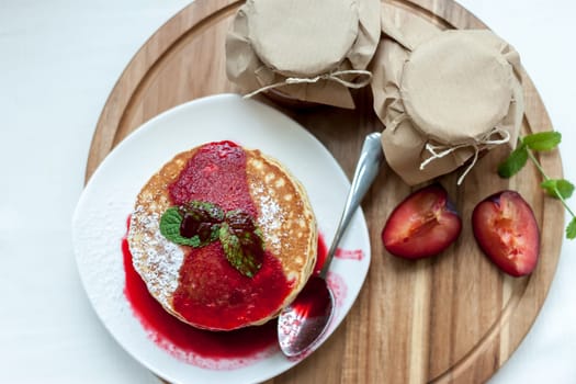 pancakes with plum jam delicious american breakfast