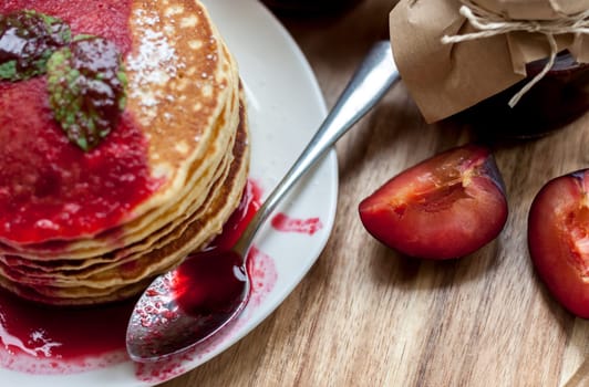 pancakes with plum jam delicious american breakfast