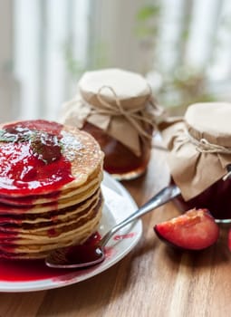 pancakes with plum jam delicious american breakfast