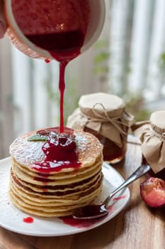 pancakes with plum jam delicious american breakfast