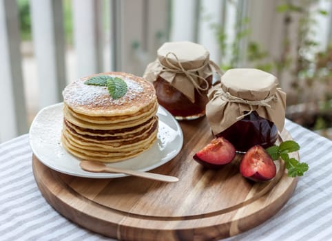 pancakes with plum jam delicious american breakfast