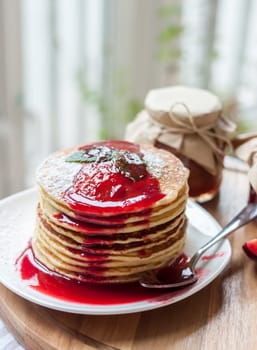 pancakes with plum jam delicious american breakfast