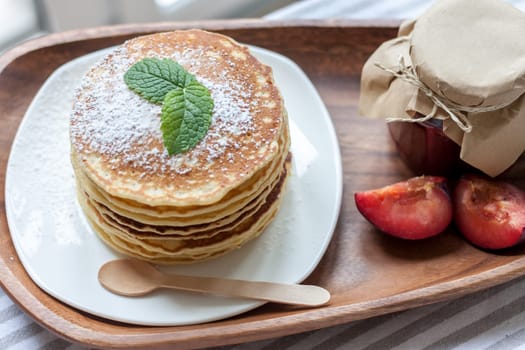pancakes with plum jam delicious american breakfast