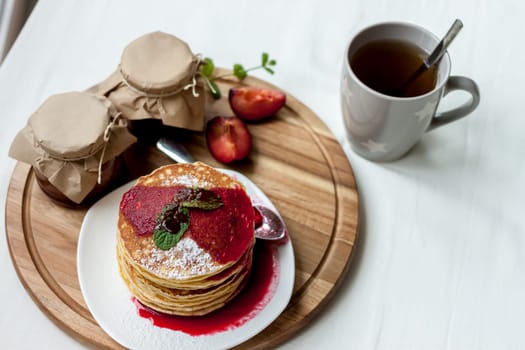 pancakes with plum jam delicious american breakfast